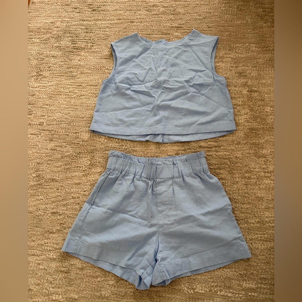 a new day Light Blue linen short & tank matching set
